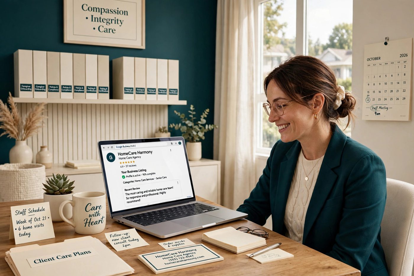 A home care agency owner reviewing her business listing at her desk